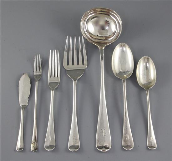 A part canteen of George V silver Hanovarian rat tail silver flatware by Walker & Hall, 104 oz.